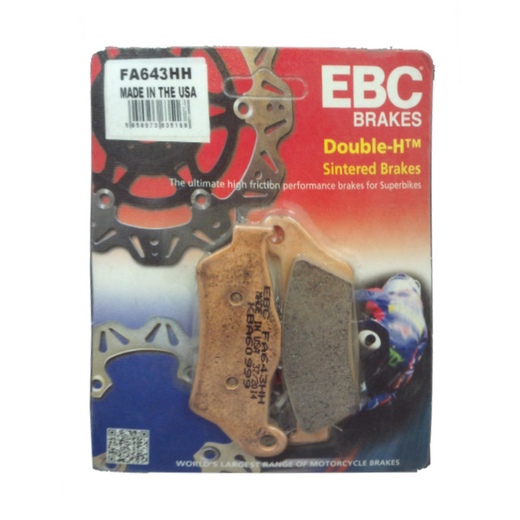 EBC Brakes HH Sintered Motorcycle Brake Pad FA643HH showing the black friction material and metal backing plate.