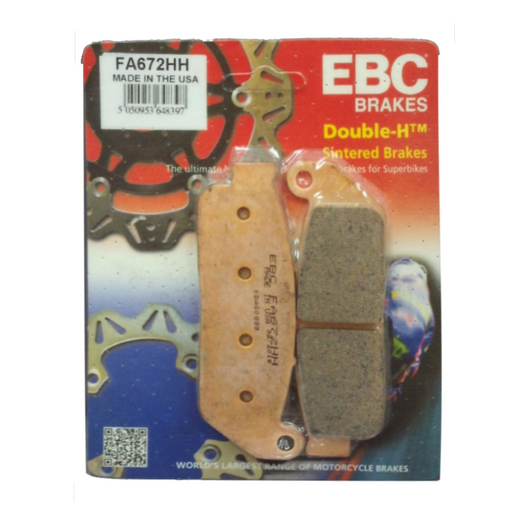 EBC Brakes HH Sintered Motorcycle Brake Pad FA672HH showing the black, metallic brake pad with detailed friction surface.