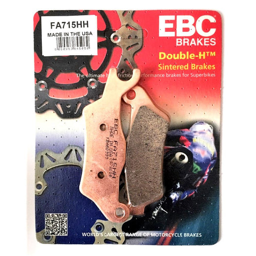 EBC Brakes HH Sintered Motorcycle Brake Pad FA715HH showing the metallic pad with branding and friction surface.