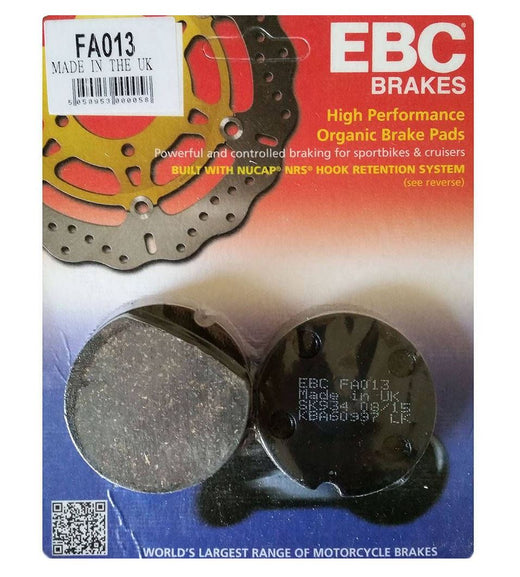 EBC Brakes Organic Motorcycle Brake Pad FA013 showing the black brake pad with EBC branding and mounting holes.