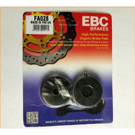 EBC Brakes motorcycle organic brake pad FA028 with metal backing plate, showing the pad's friction surface and mounting hardware.