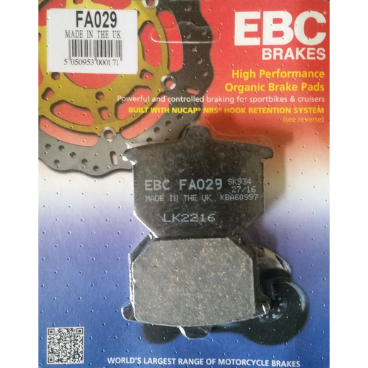 EBC Brakes organic motorcycle brake pad FA029 showing black friction material and metal backing plate on a clean background.