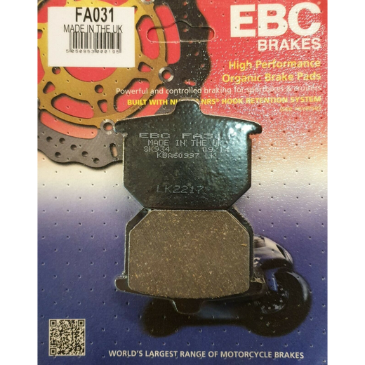 EBC Brakes motorcycle organic brake pad FA031 showing the pad's friction surface and mounting hardware for effective braking.
