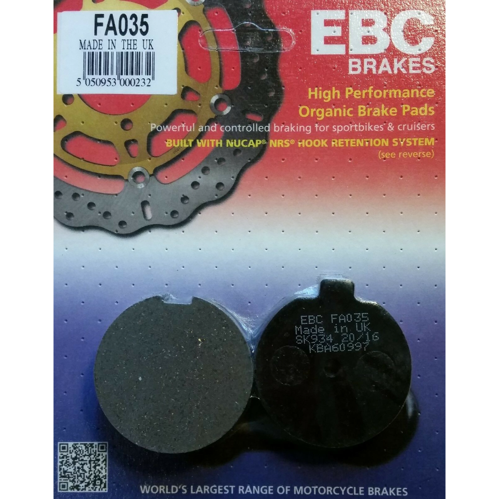 EBC Brakes motorcycle organic brake pad FA035 showing the black friction material and metal backing plate.
