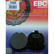 EBC Brakes motorcycle organic brake pad FA035 showing the black friction material and metal backing plate.