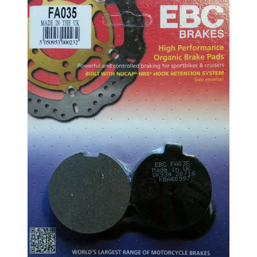 EBC Brakes Motorcycle Organic Brake Pad FA035 showing the black brake pad with metal backing plate and EBC branding