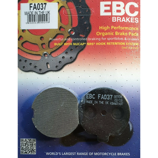 EBC Brakes Motorcycle Organic Brake Pad FA037 showing the black friction material and metal backing plate.