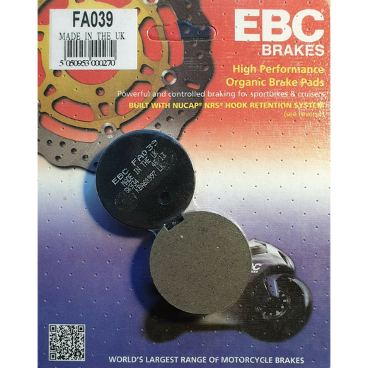 EBC Brakes Motorcycle Organic Brake Pad FA039 showing the black friction material and metal backing plate.