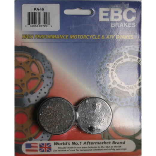 EBC Brakes Motorcycle Organic Brake Pad FA040 showing the brake pad with friction material and metal backing plate.