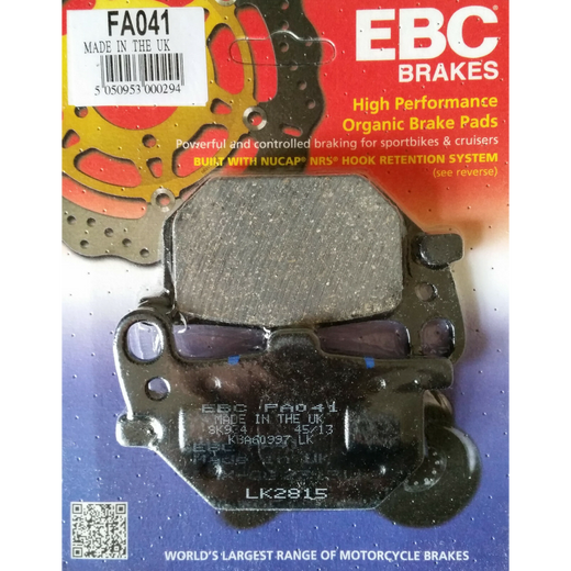 Organic motorcycle brake pad from EBC Brakes, showing the FA041 model with detailed friction surface and mounting features.