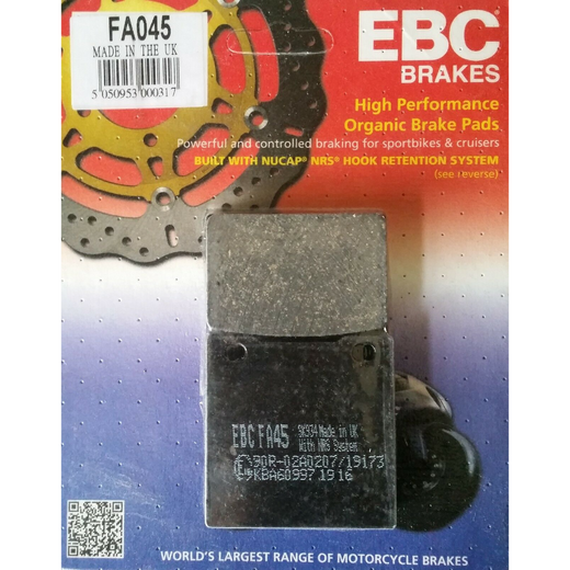 EBC Brakes Organic Motorcycle Brake Pad FA045 showing the black organic friction material and metal backing plate.