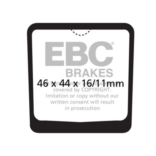 EBC Brakes motorcycle organic brake pad FA048 shown in close-up, highlighting the brake pad's textured surface and branding.