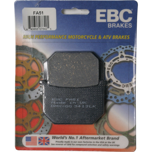 EBC Brakes motorcycle organic brake pad FA051 showing the pad's surface and mounting hardware.