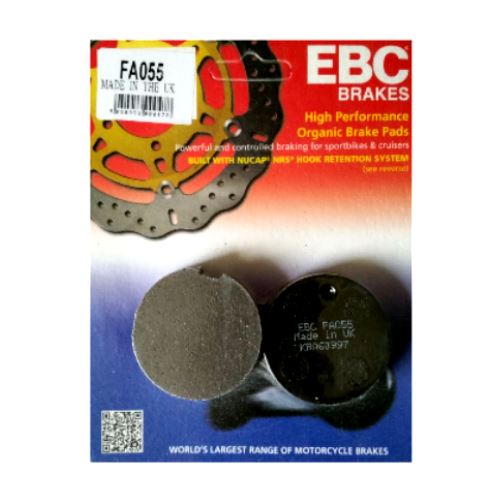 EBC Brakes Organic Motorcycle Brake Pad FA055 showing the black, friction material and metal backing plate for reliable stopping power.