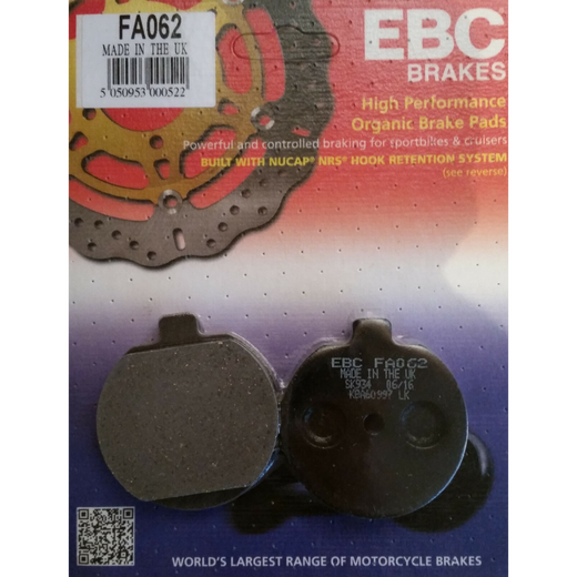 EBC Brakes Organic Motorcycle Brake Pad FA062 showing the brake pad with metal backing and organic friction material.