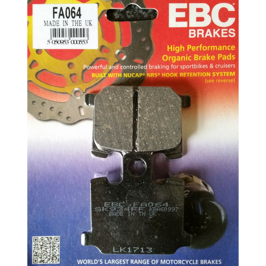 EBC Brakes motorcycle organic brake pad FA064 shown with black friction material and metal backing plate.