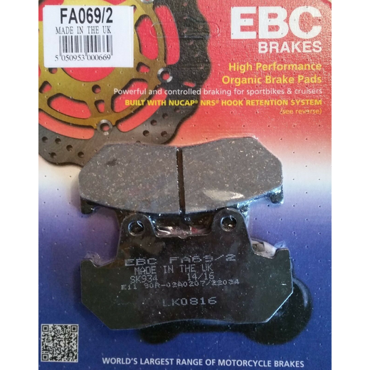 EBC Brakes organic motorcycle brake pad FA069/2 with textured surface and metal backing plate, designed for reliable stopping power.