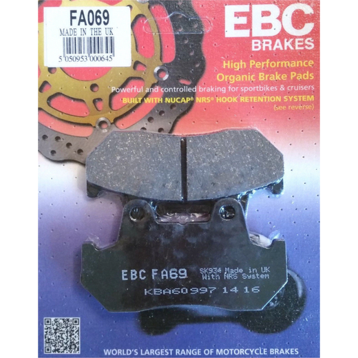 EBC Brakes Organic Motorcycle Brake Pad FA069 showing the black and metal brake pad with mounting hardware.