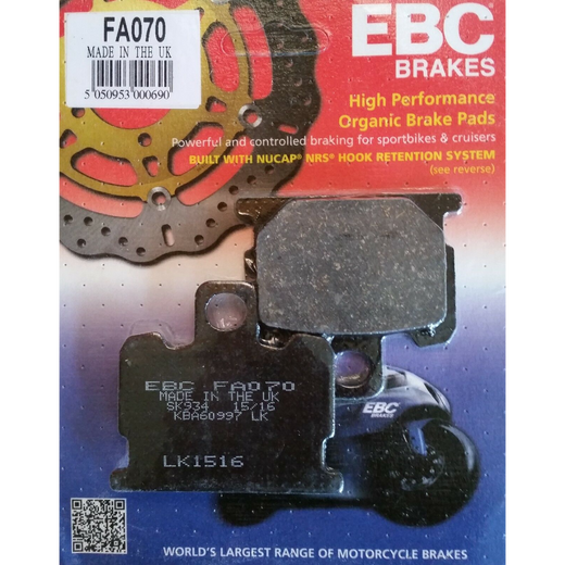 EBC Brakes Organic Motorcycle Brake Pad FA070 showing the black, semi-metallic pad with mounting holes and branding details