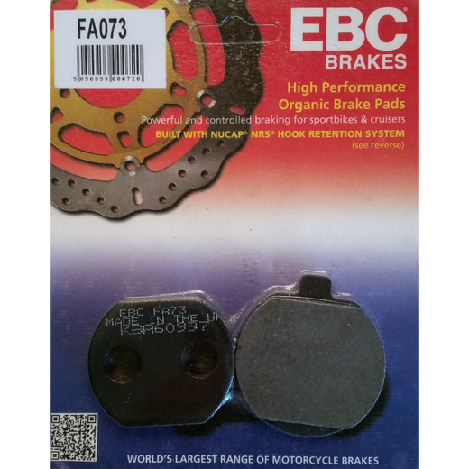 EBC Brakes motorcycle organic brake pad FA073 showing the black, textured friction surface and metal backing plate.