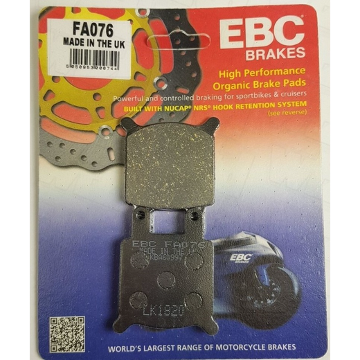 EBC Brakes motorcycle organic brake pad FA076 showing the black friction surface and metal backing plate for effective stopping power.