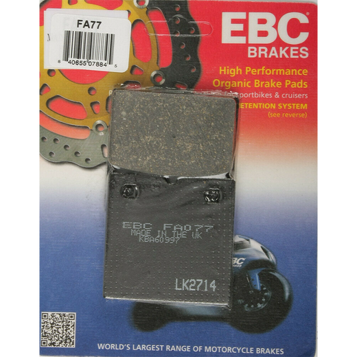 EBC Brakes motorcycle organic brake pad FA077 showing the black friction material and metal backing plate.