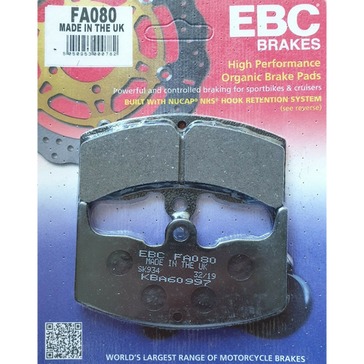 EBC Brakes motorcycle organic brake pad FA080 showing the black friction material and metal backing plate for effective stopping power.
