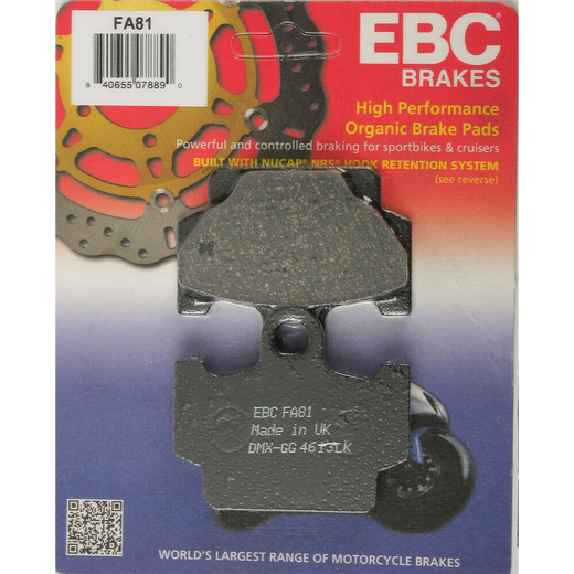 EBC Brakes Motorcycle Organic Brake Pad FA081 showing the brake pad with black friction material and metal backing plate.
