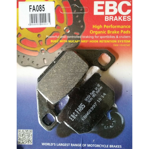 EBC Brakes organic motorcycle brake pad FA085 showing the friction material and metal backing plate.