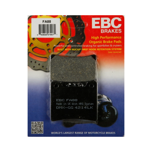 EBC Brakes motorcycle organic brake pad FA088 with visible friction material and metal backing plate, designed for reliable stopping power.