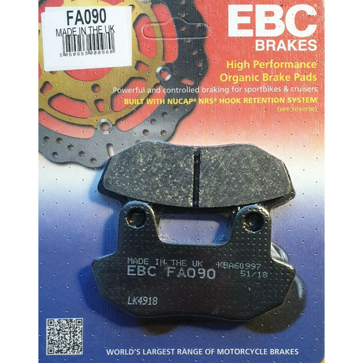 EBC Brakes Organic Motorcycle Brake Pad FA090 with black friction material and metal backing plate, designed for motorcycle braking systems.