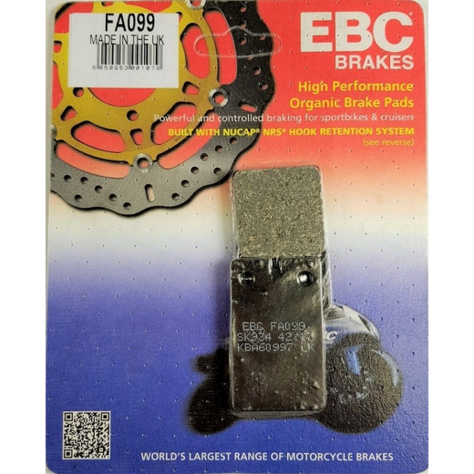 EBC Brakes motorcycle organic brake pad FA099 with textured surface and metal backing plate for reliable stopping power