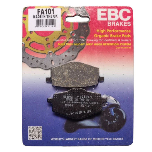 EBC Brakes Organic Motorcycle Brake Pad FA101 shown with black friction material and metal backing plate.