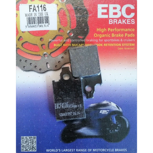 EBC Brakes Organic Motorcycle Brake Pad FA116 showing the black brake pad with metal backing plate.