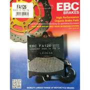EBC Brakes Organic Motorcycle Brake Pad FA126 showing the black, semi-metallic pad with mounting hardware on a white background.