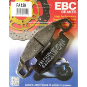 EBC Brakes organic motorcycle brake pad FA129 with black friction surface and metal backing plate for reliable stopping power.
