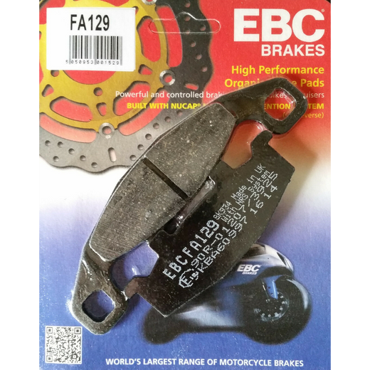 EBC Brakes Organic Motorcycle Brake Pad FA129 showing the brake pad with textured organic friction material and metal backing plate.