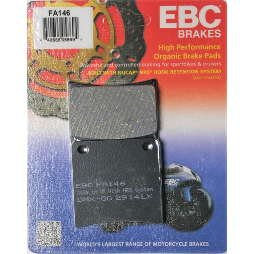 EBC Brakes Organic Motorcycle Brake Pad FA146 showing the black organic friction material and metal backing plate.