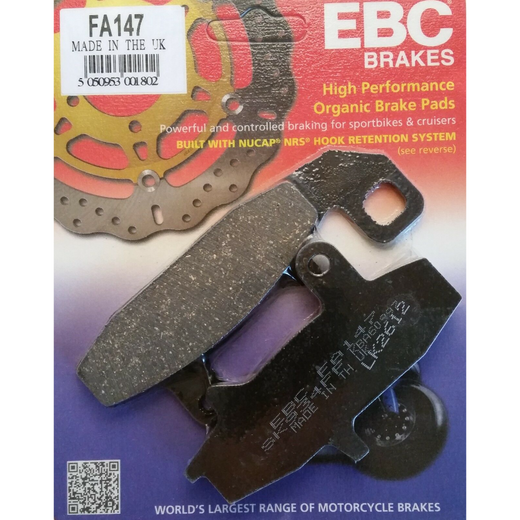 EBC Brakes motorcycle organic brake pad FA147 showing the brake pad with metal backing and organic friction material.