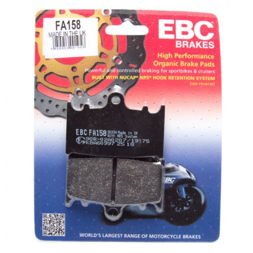 EBC Brakes Organic Motorcycle Brake Pad FA158 showing the black organic brake pad with metal backing plate.