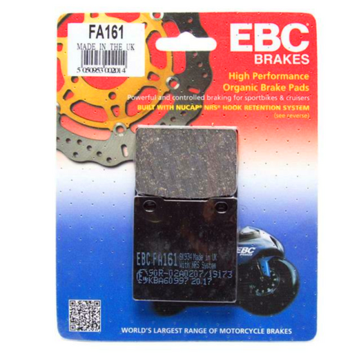 EBC Brakes organic motorcycle brake pad FA161 showing the flat, black brake pad with metal backing plate on a white background.
