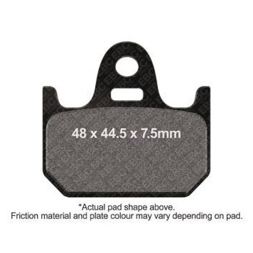 EBC Brakes motorcycle organic brake pad FA162 showing the black, semi-metallic pad with mounting holes and branding details.