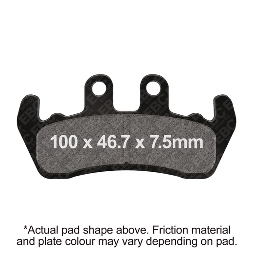 EBC Brakes organic motorcycle brake pad FA166 with black friction surface and metal backing plate on a neutral background.