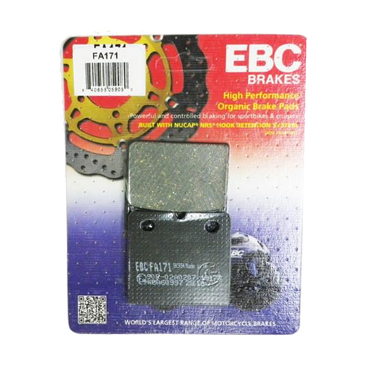 EBC Brakes motorcycle organic brake pad FA171 with black friction material and metal backing plate.