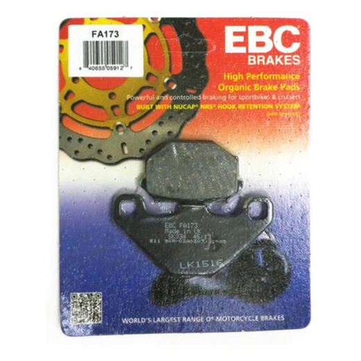 EBC Brakes organic motorcycle brake pad FA173 with textured surface and metal backing plate for reliable stopping power