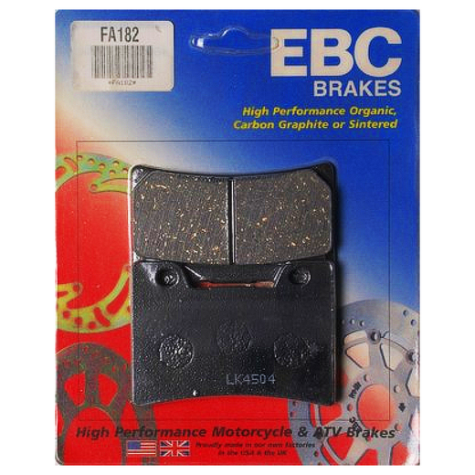 EBC Brakes Organic Motorcycle Brake Pad FA182, showing the black organic brake pad with metal backing plate.