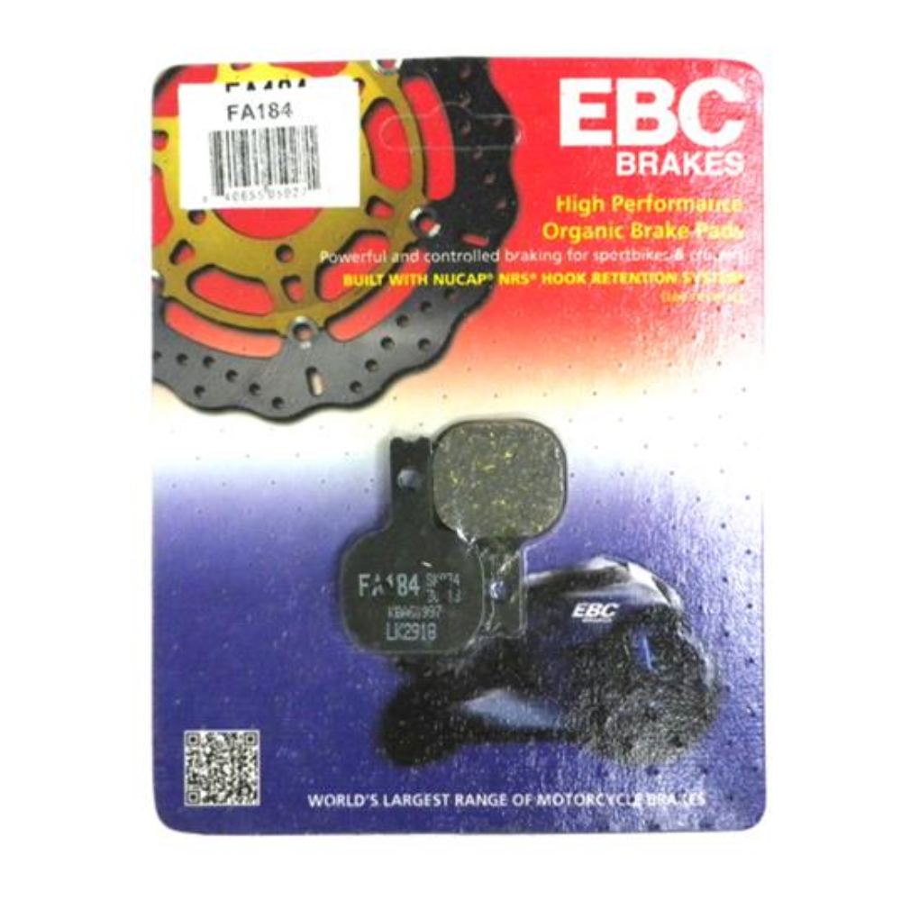 EBC Brakes motorcycle organic brake pad FA184 showing the black friction material and metal backing plate.