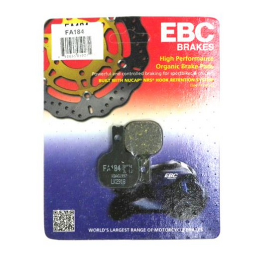 EBC Brakes Motorcycle Organic Brake Pad FA184 showing the black brake pad with EBC branding and metal backing plate.