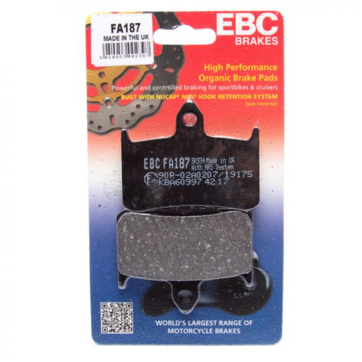 EBC Brakes Motorcycle Organic Brake Pad FA187 showing the brake pad with durable organic friction material and metal backing plate.