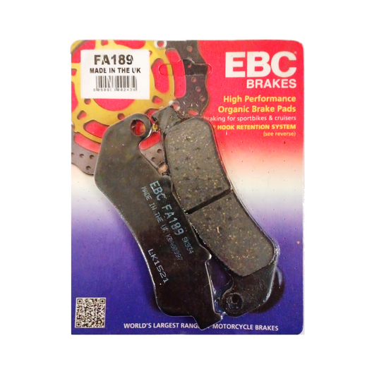 EBC Brakes organic motorcycle brake pad FA189 showing the pad's friction surface and mounting hardware.